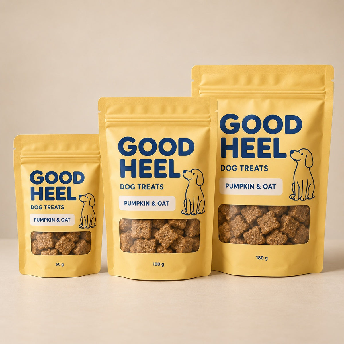 Three custom printed stand-up pouches in small, medium and large, side by side