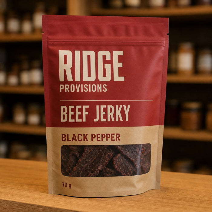 Custom printed beef jerky pouch standing upright on a retail shelf
