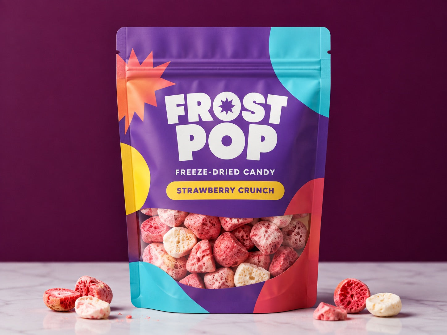 FROST POP custom printed freeze-dried candy pouch with a clear product window