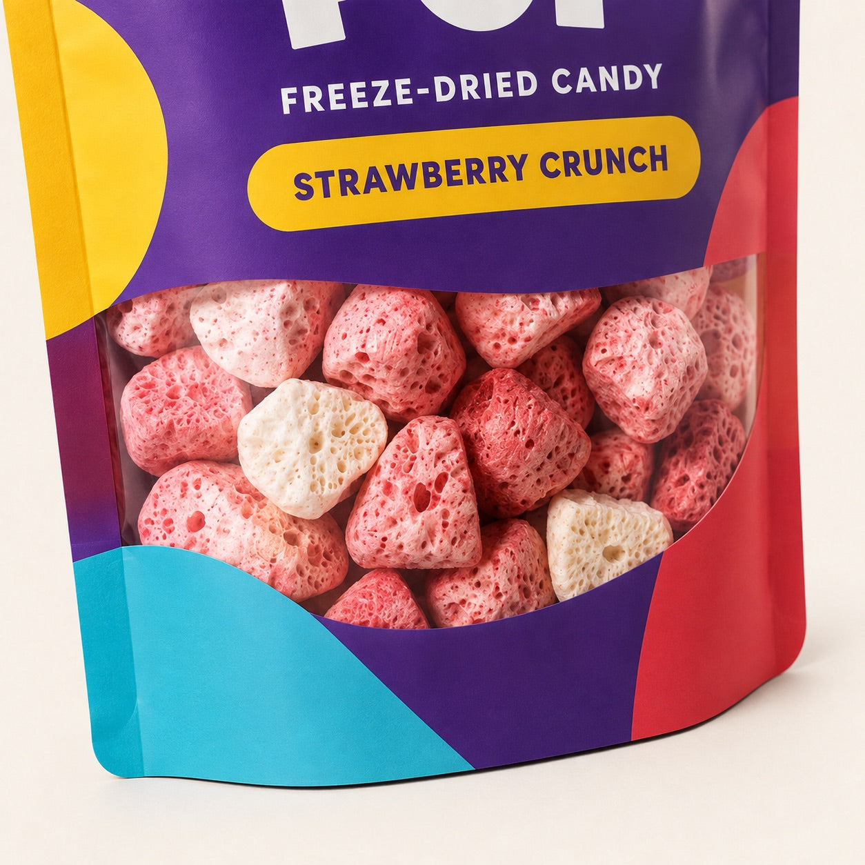 Freeze-dried candy visible through a clear pouch window