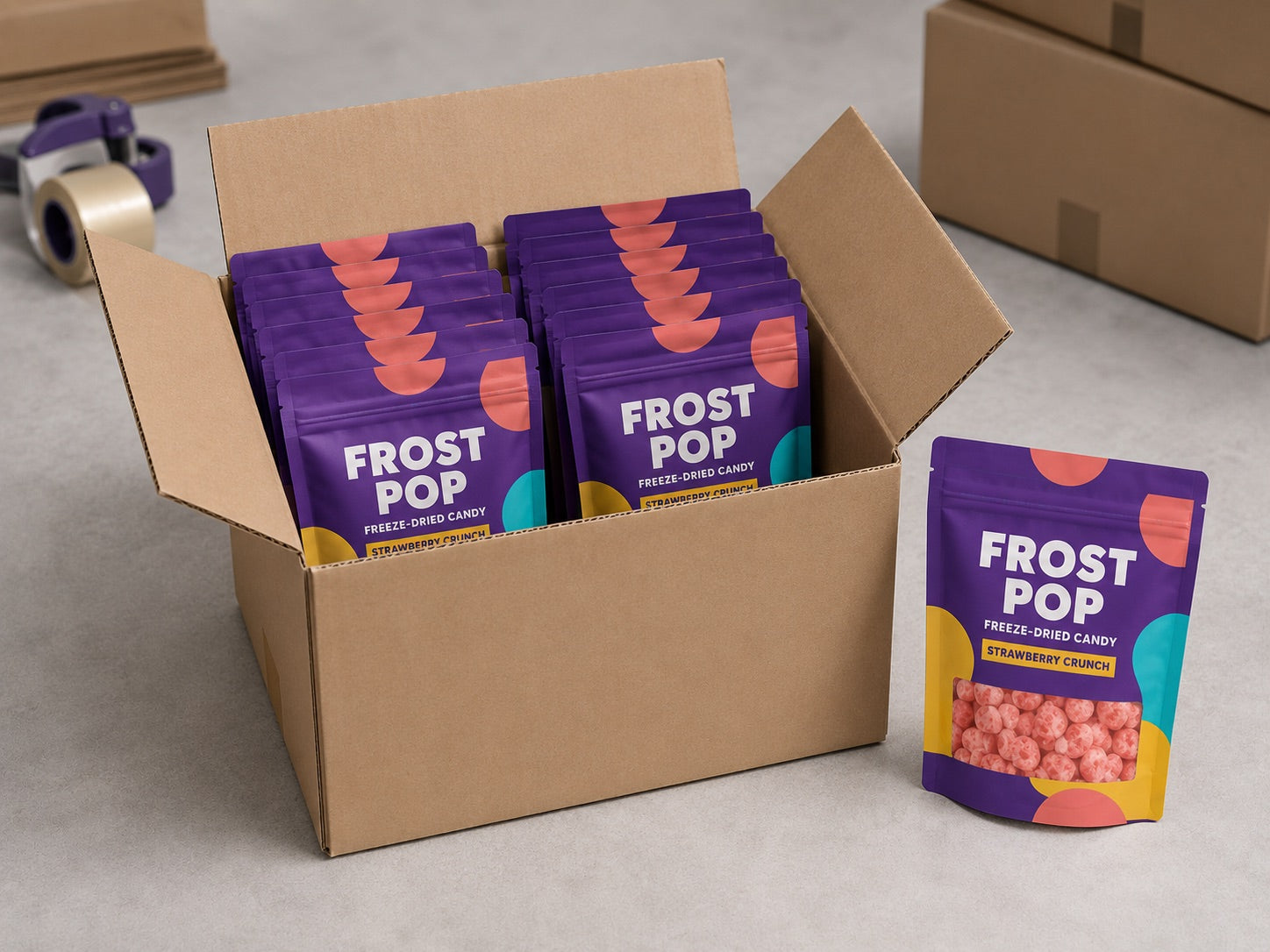 Cartons packed with finished custom candy pouches for delivery