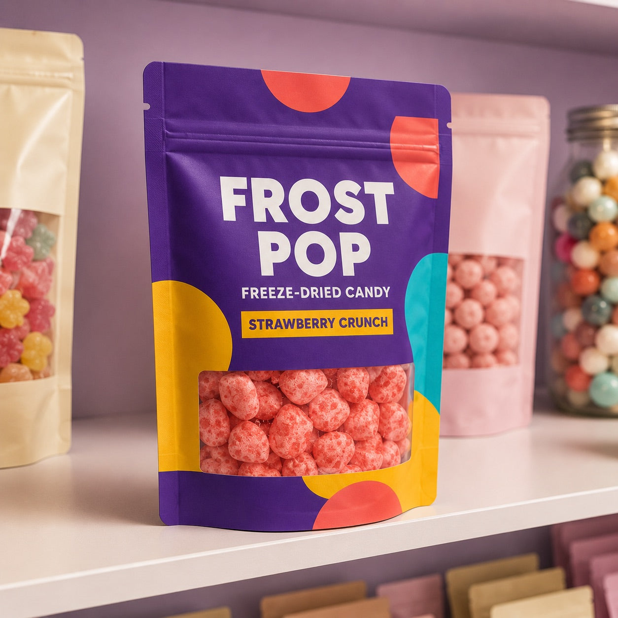 Filled FROST POP candy pouch standing upright on a retail shelf