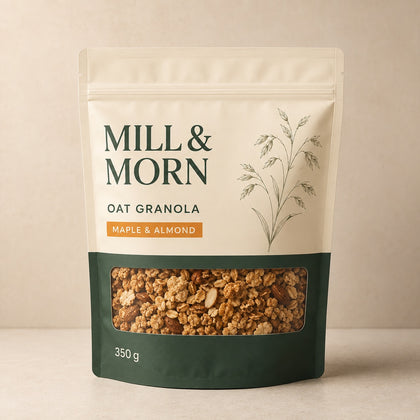 Front-facing custom printed stand-up pouch with a clear window showing oat granola