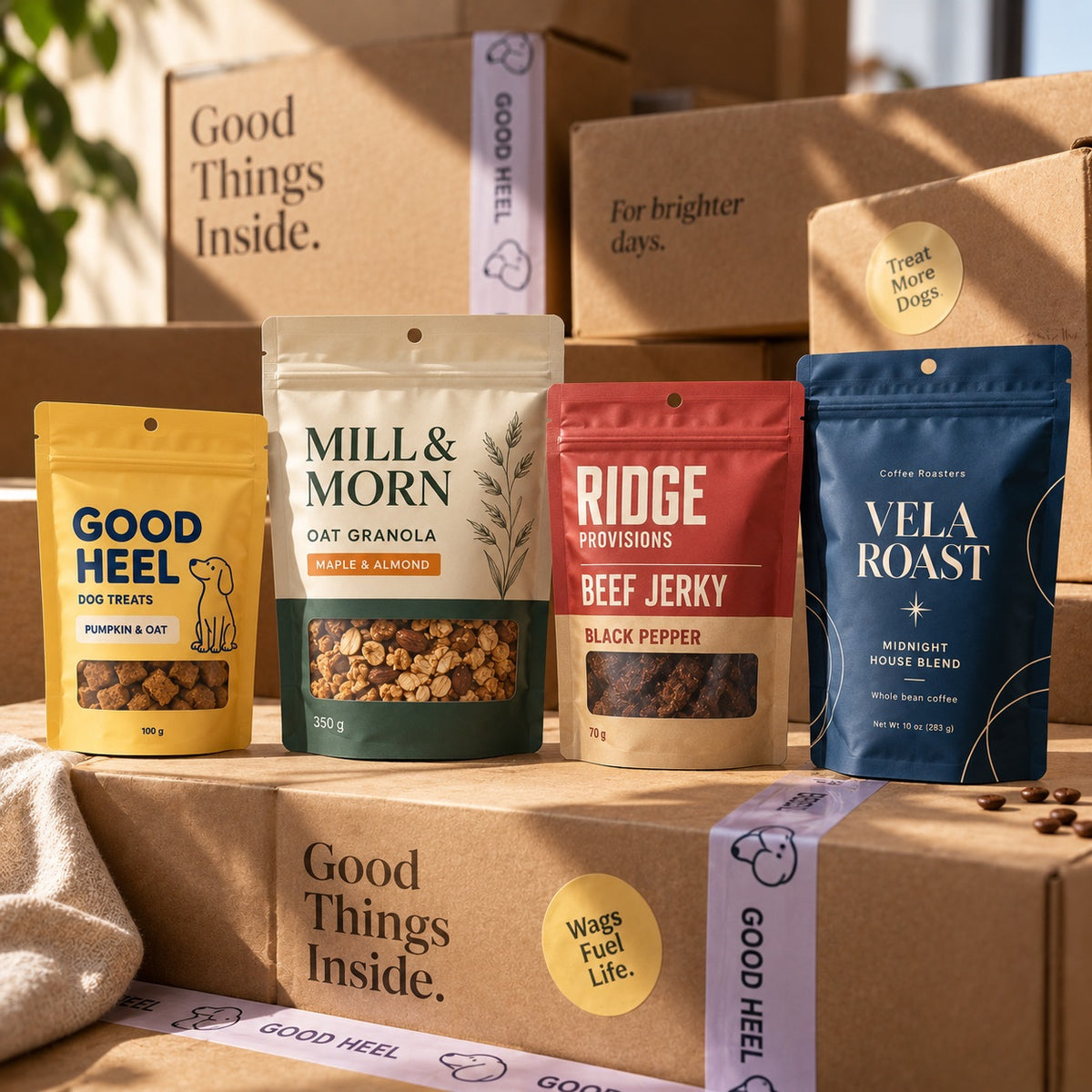 Four custom printed stand-up pouches — dog treats, oat granola, beef jerky and whole bean coffee — on kraft shipping cartons