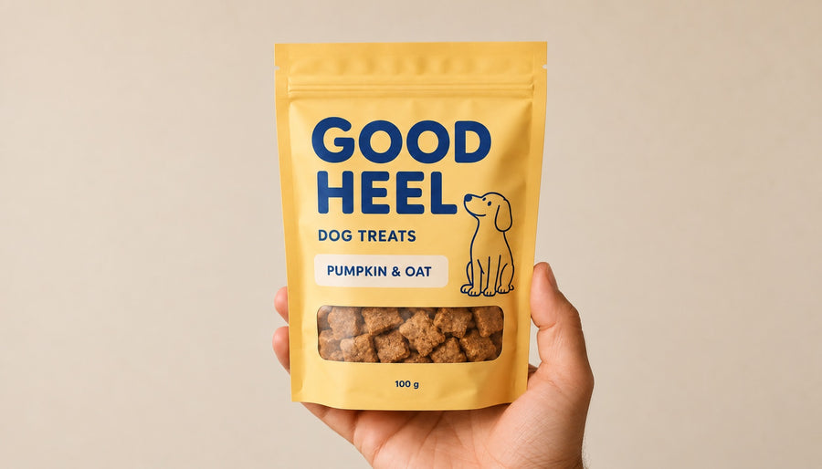 Hand holding a custom printed pet treat pouch with the product visible through the window