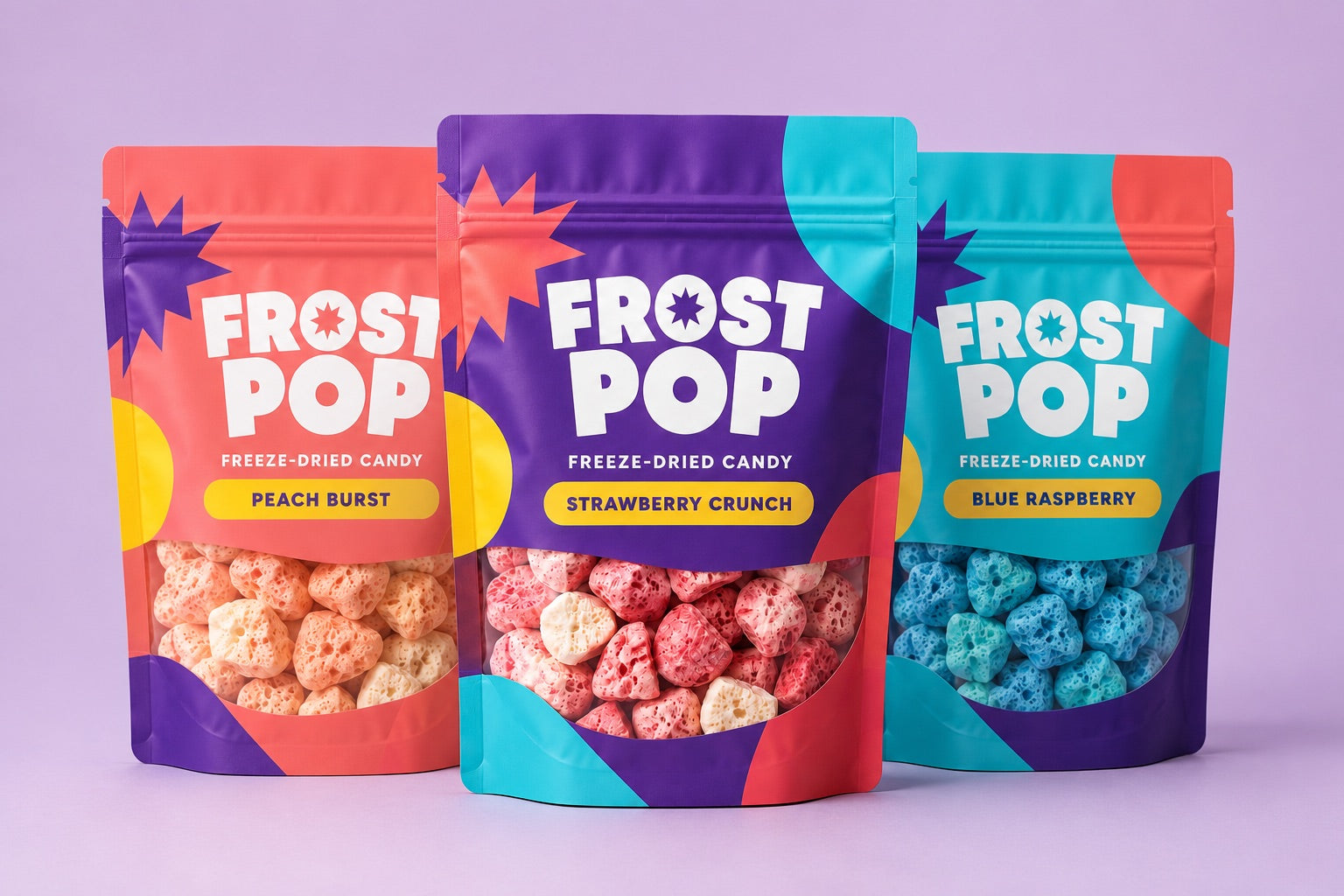 Lineup of finished custom printed FROST POP candy pouches